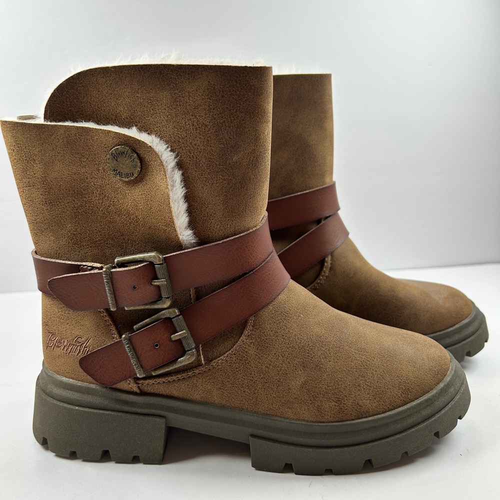Blowfish Malibu Kids Girls Brown Faux Suede‎ Fur Lined Buckle Boots Size 3 NWOT